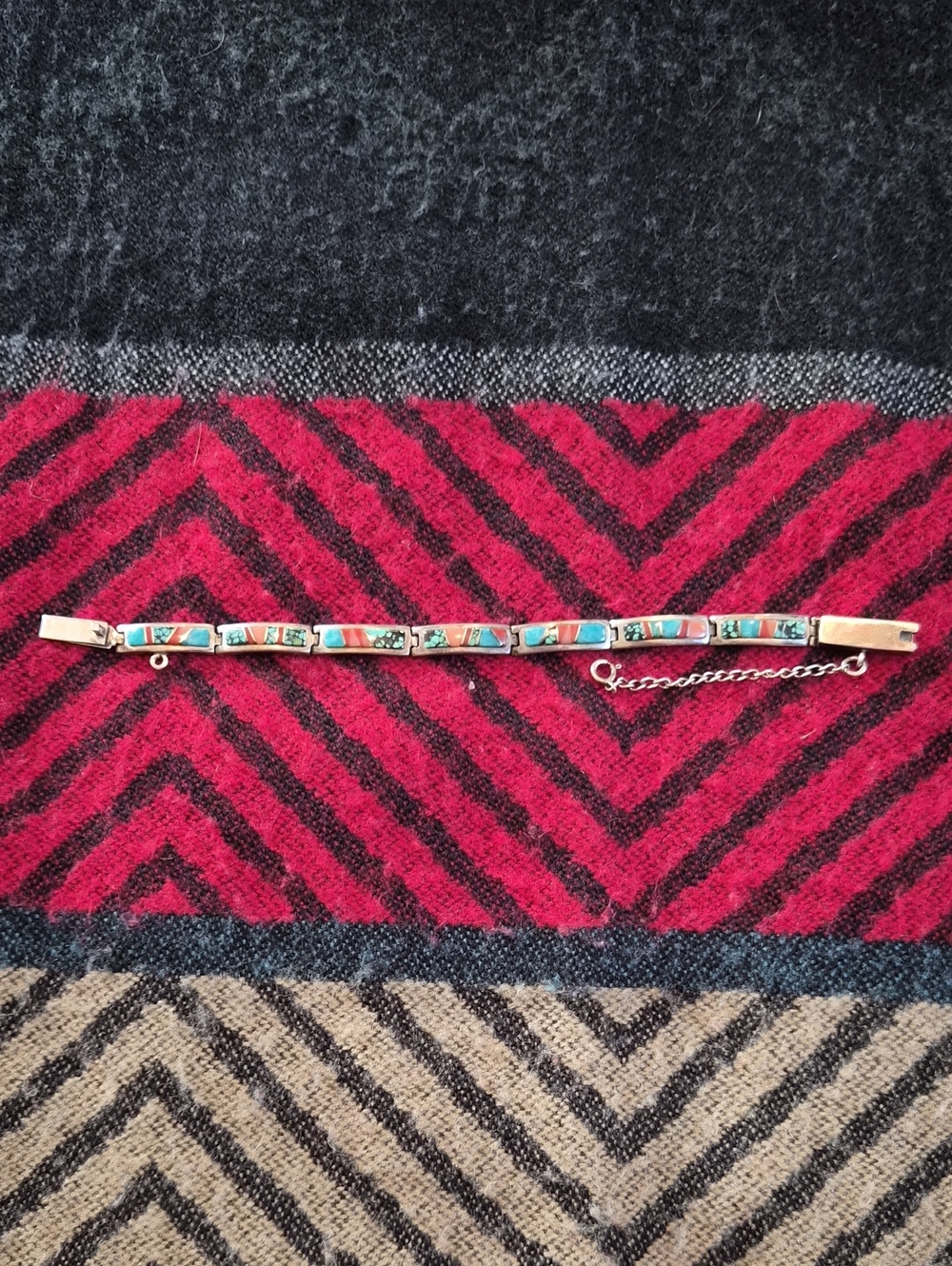 Antique Zuni Sterling Silver Turquoise Inlay Link Bracelet - Women's